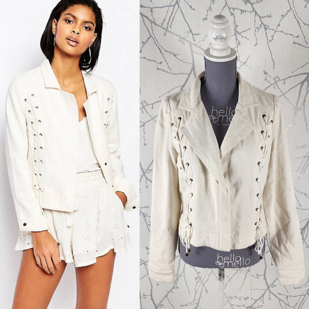 Moon River Ivory Linen Blend Lace Up Boxy Fit Blazer